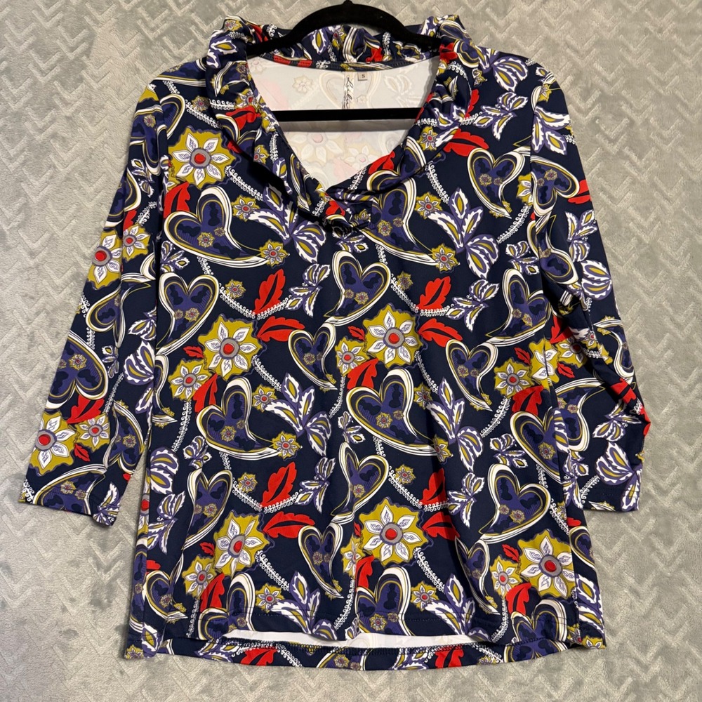 Vintage Lulu B Women's Blouse Small Heart Floral Print Ruffle‎ Collar Top